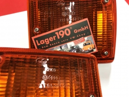 VW Bus T2 ab 73 + Brasil T2 bis 2013, Paar Blinker komplett vorne orange ORIGINAL VW (0616-75/-76)