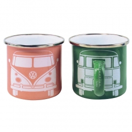 2er Set Becher Tassen VW Bus T1 emalliert gr�n / rosa (07-038)