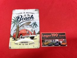 life ist better at the Beach VW Bus T1 Blechpostkarte Blechschild (62-106)