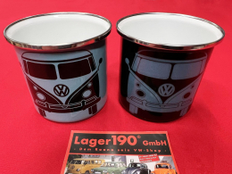 2er Set Tassen Becher fr Kaffee emailliert VW Bus T1 (schwarz/petrol)