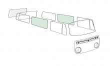 Glasscheibe mittlere Seitenscheibe, links / rechts, Grünglas, VW Bus T2 08/67-07/79, mit E-Prüfzeichen (8950-401)